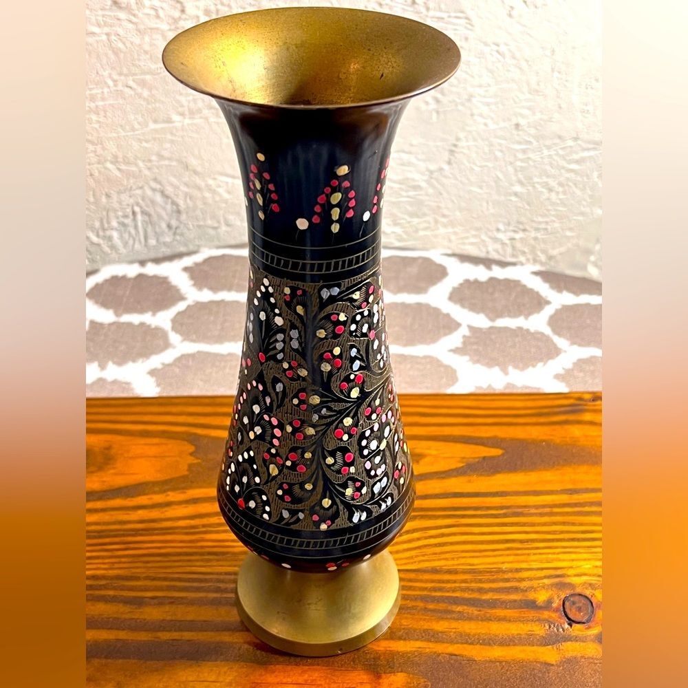 Vintage Black and Etched Brass Vase w enameled colorful painting, unique decor